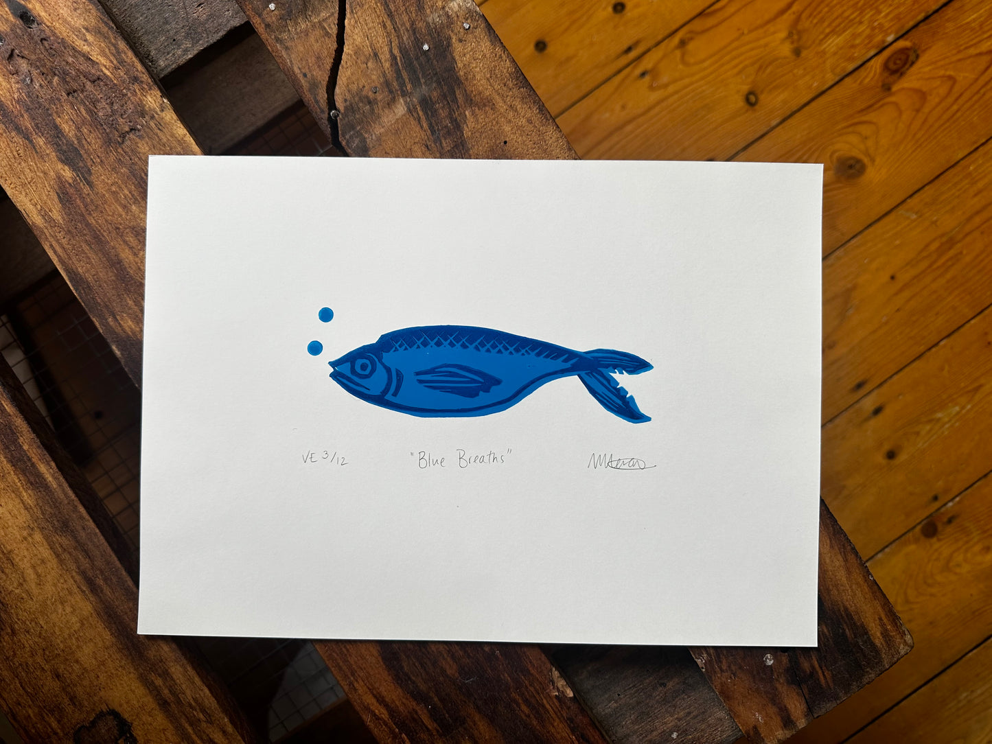 Fish two-layer limited edition Lino print - “Blue Breaths”