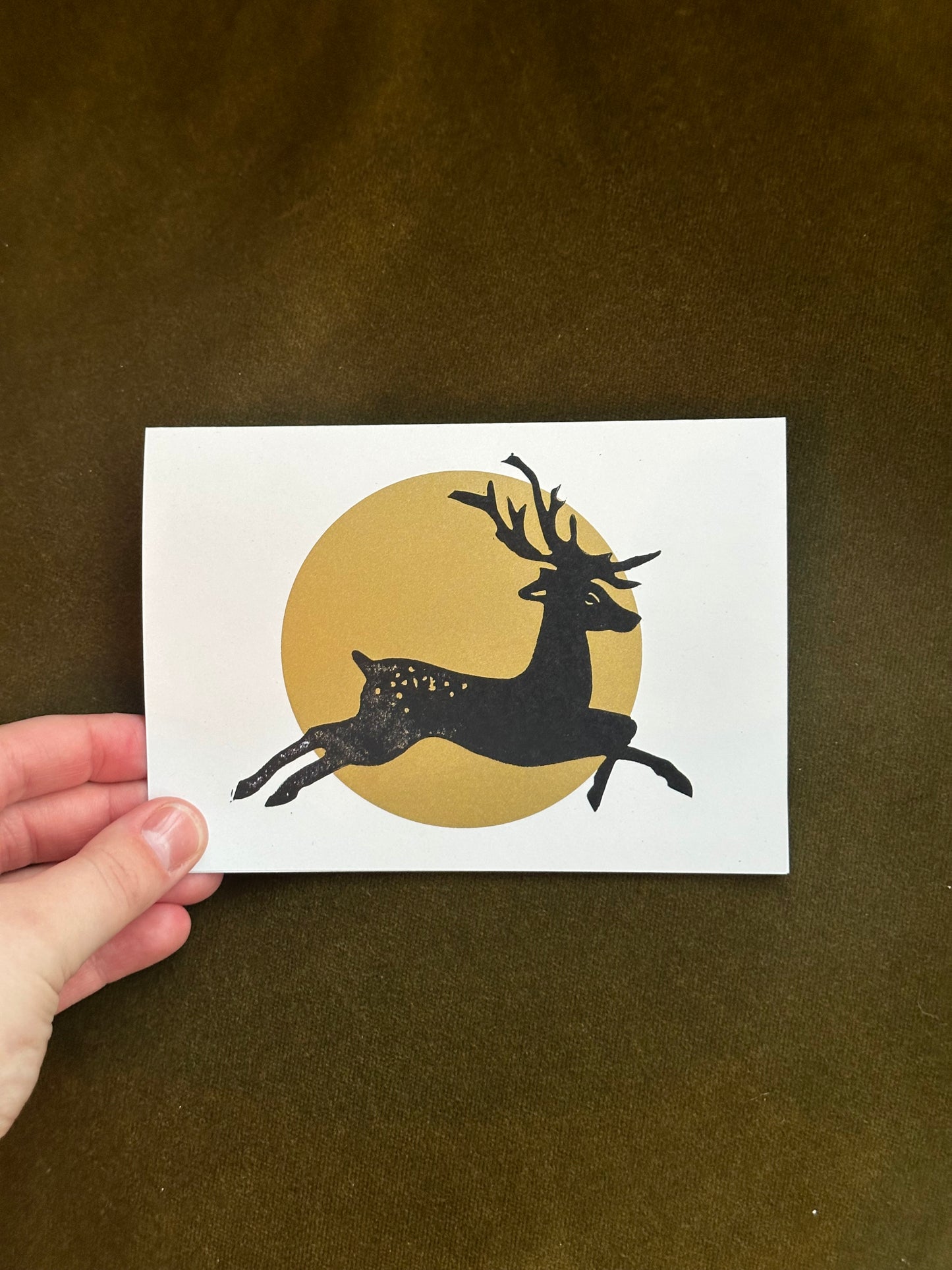 Golden Reindeer Lino Christmas Card