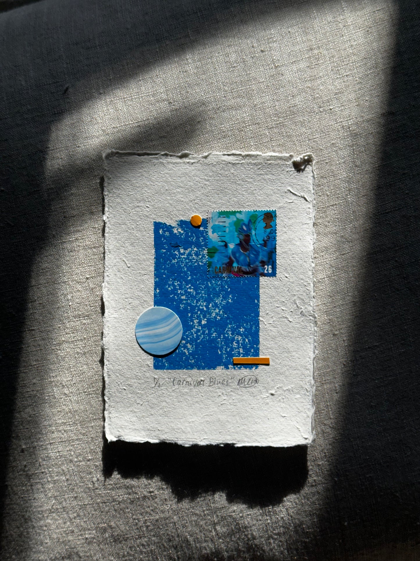 Carnival Blues – Original A6 Mixed Media Collage with Vintage Carnival Postage Stamp