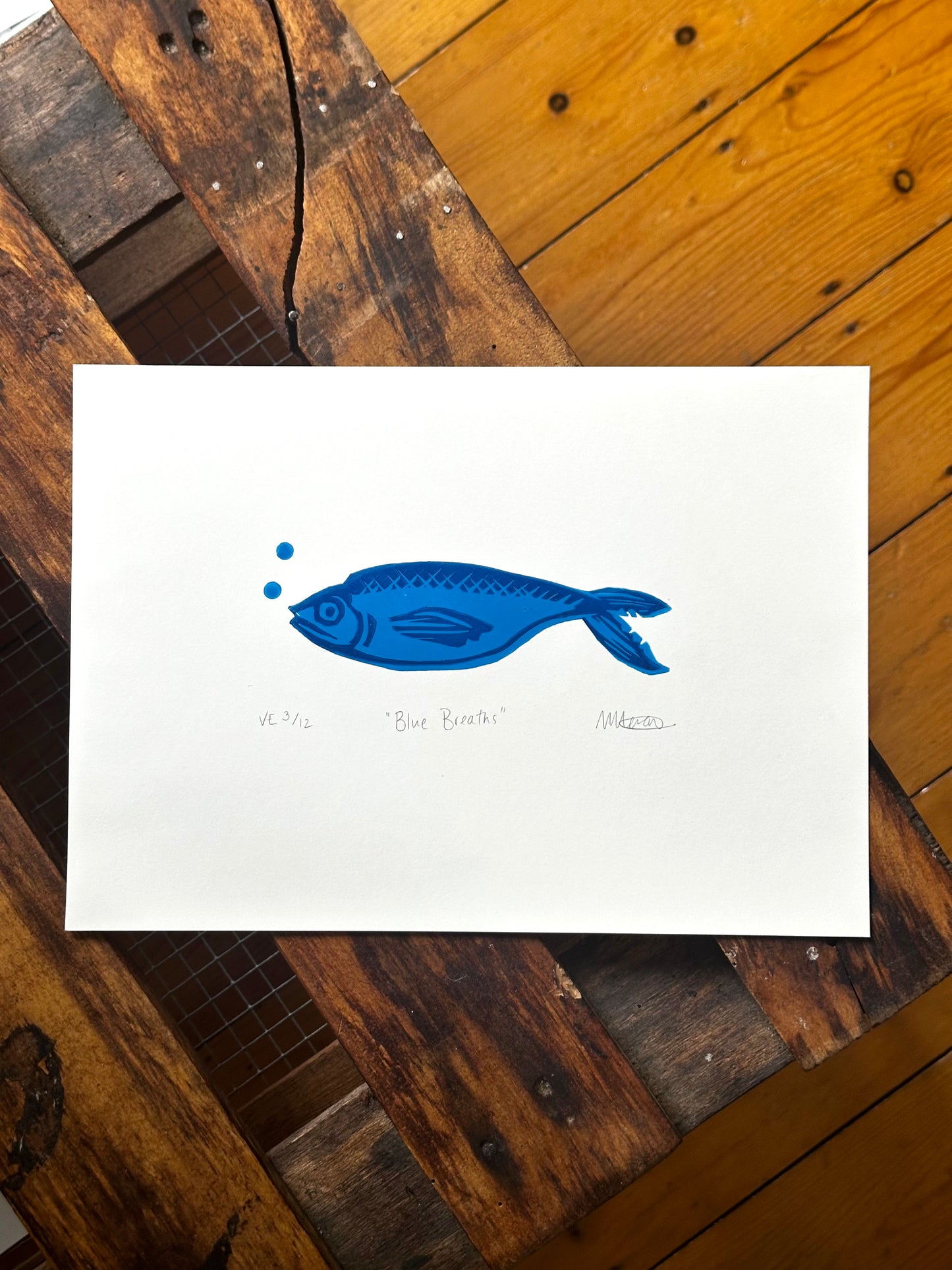 Fish two-layer limited edition Lino print - “Blue Breaths”