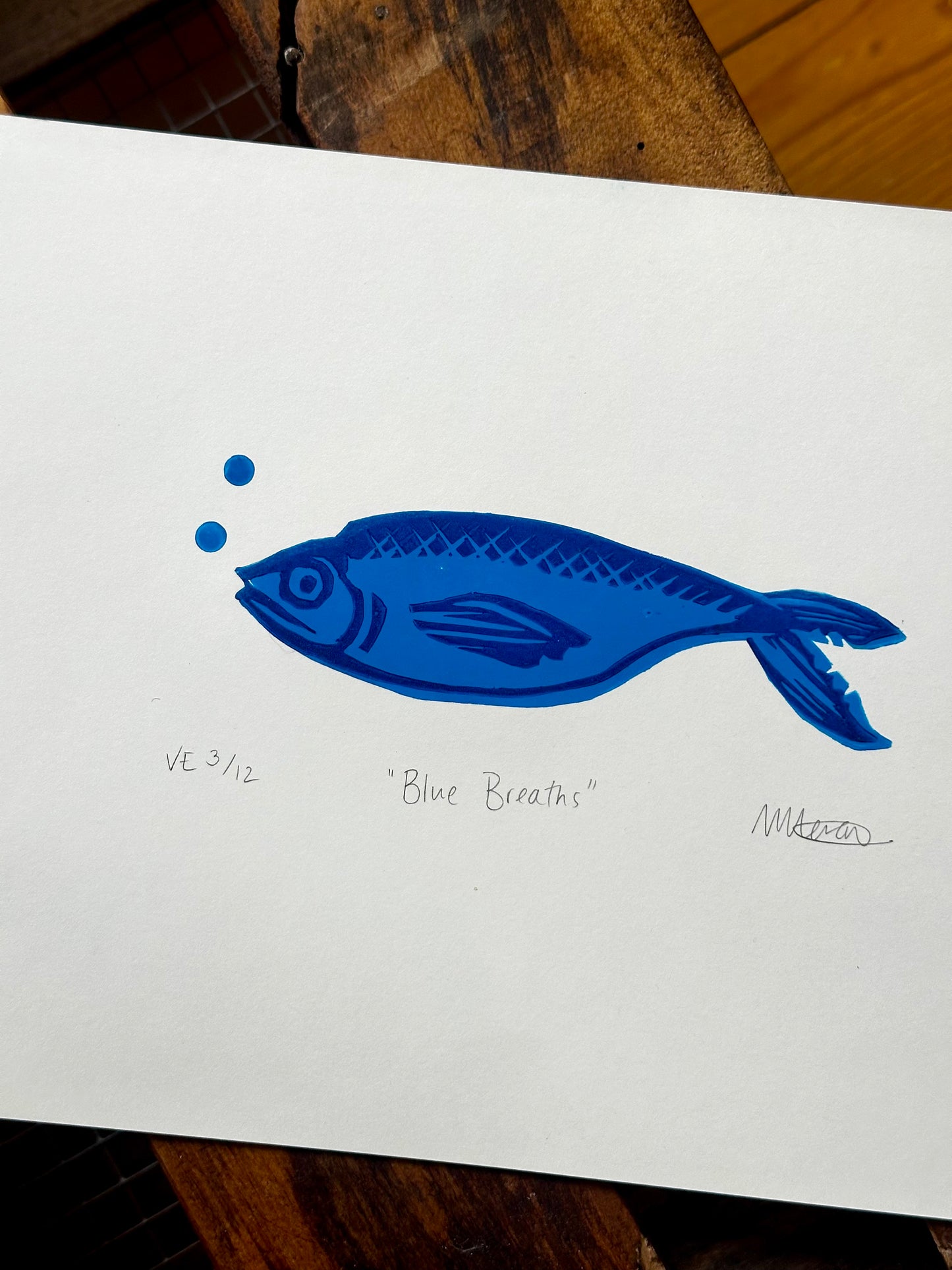 Fish two-layer limited edition Lino print - “Blue Breaths”