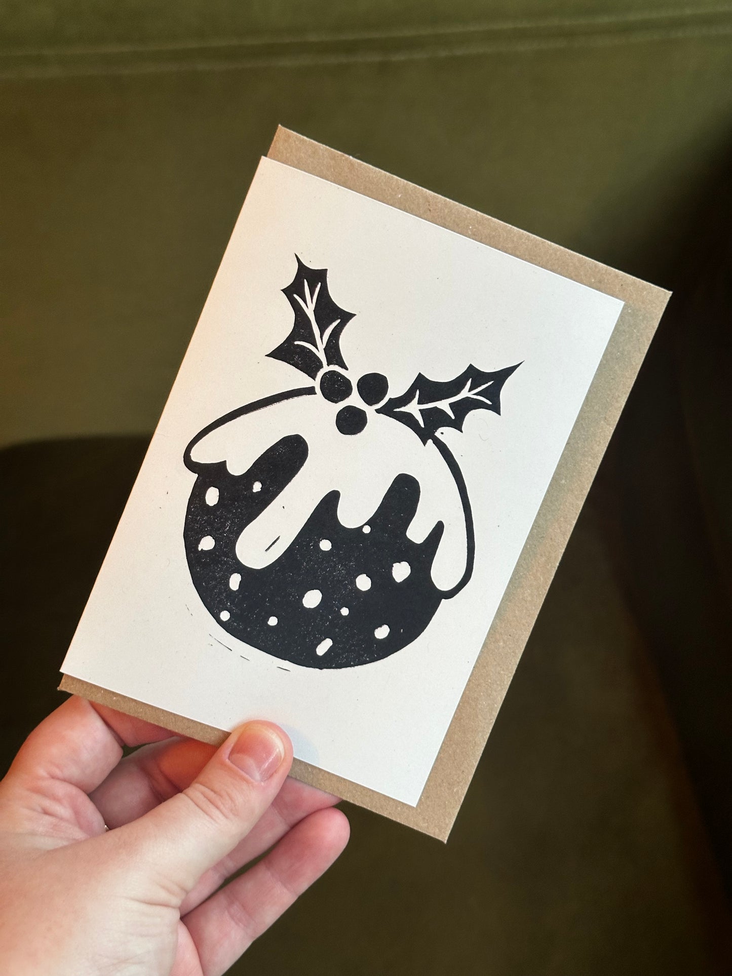 Christmas Pudding Lino Christmas Card