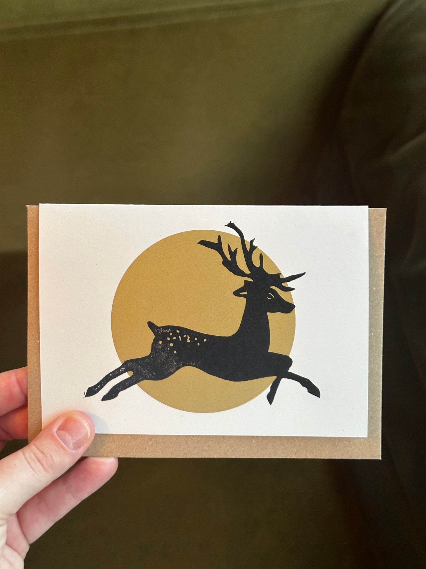 Golden Reindeer Lino Christmas Card