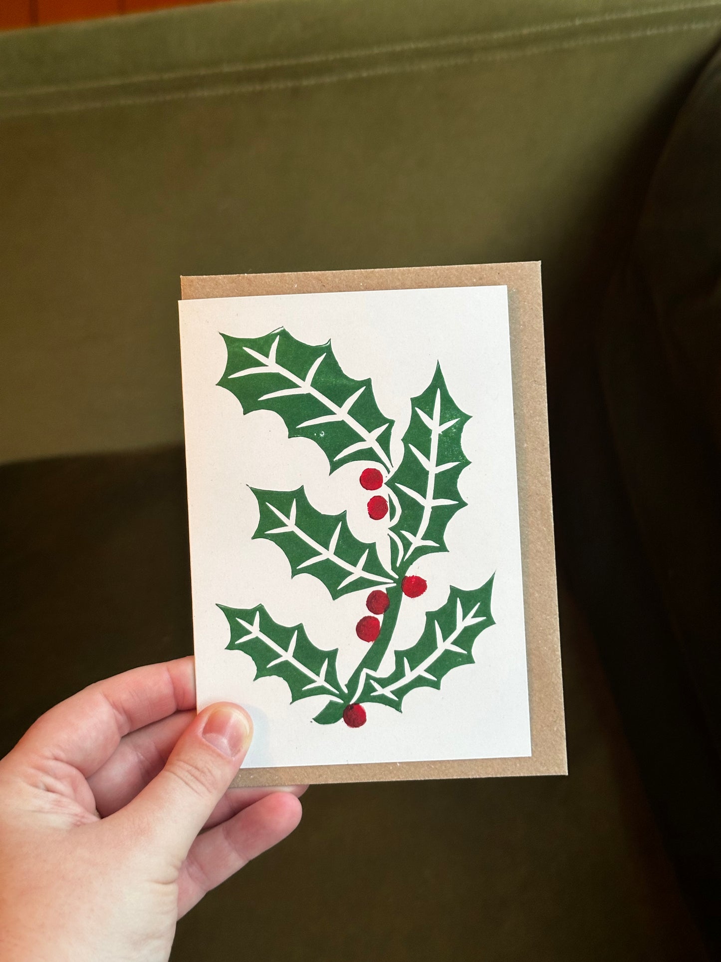 Holly Lino Christmas Card