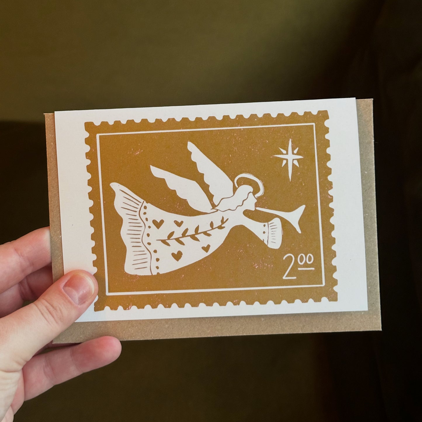Vintage Angel Stamp Lino Christmas Card