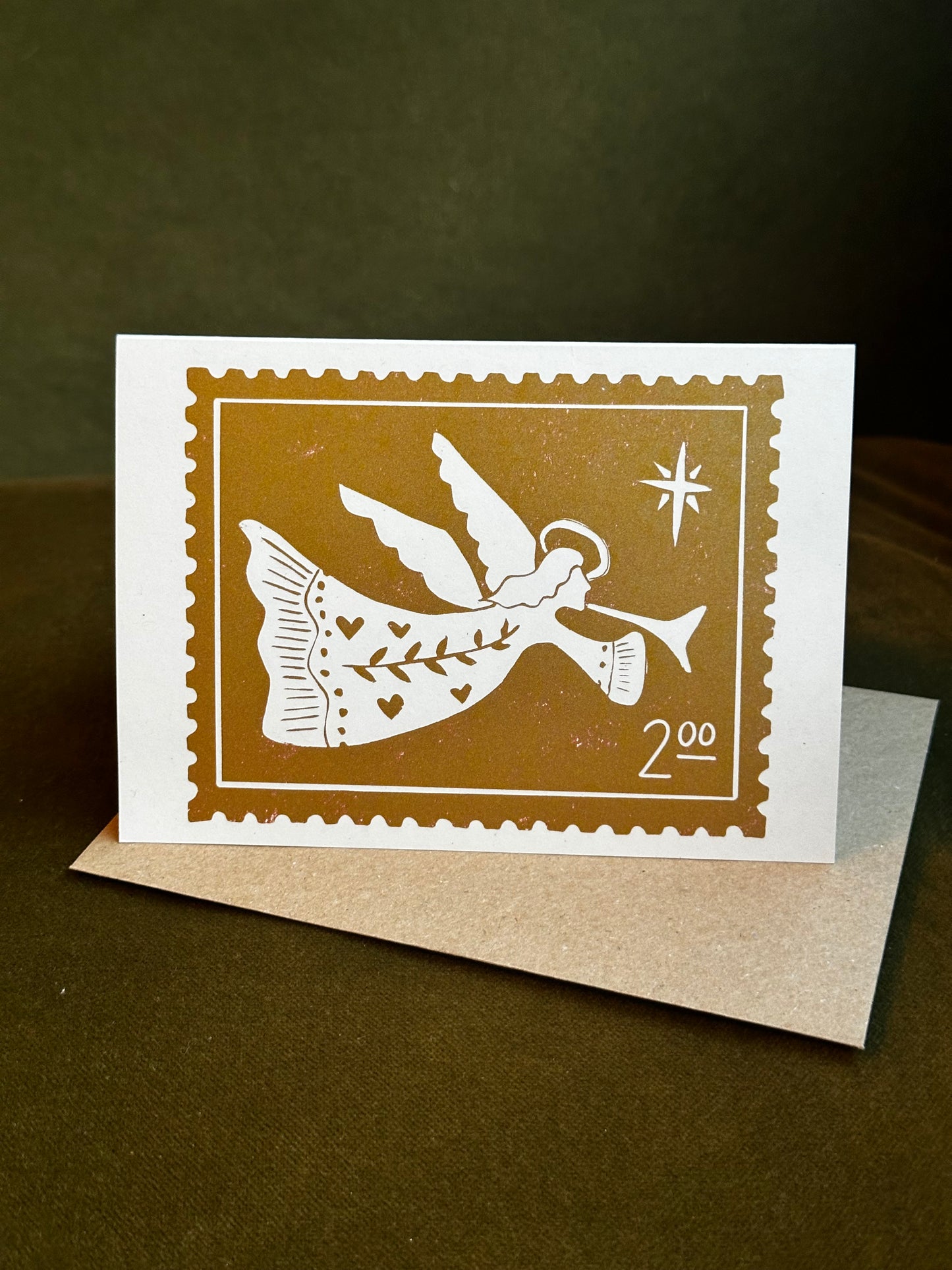 Vintage Angel Stamp Lino Christmas Card