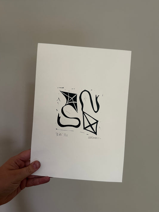 Black and White Kites Original Lino Print
