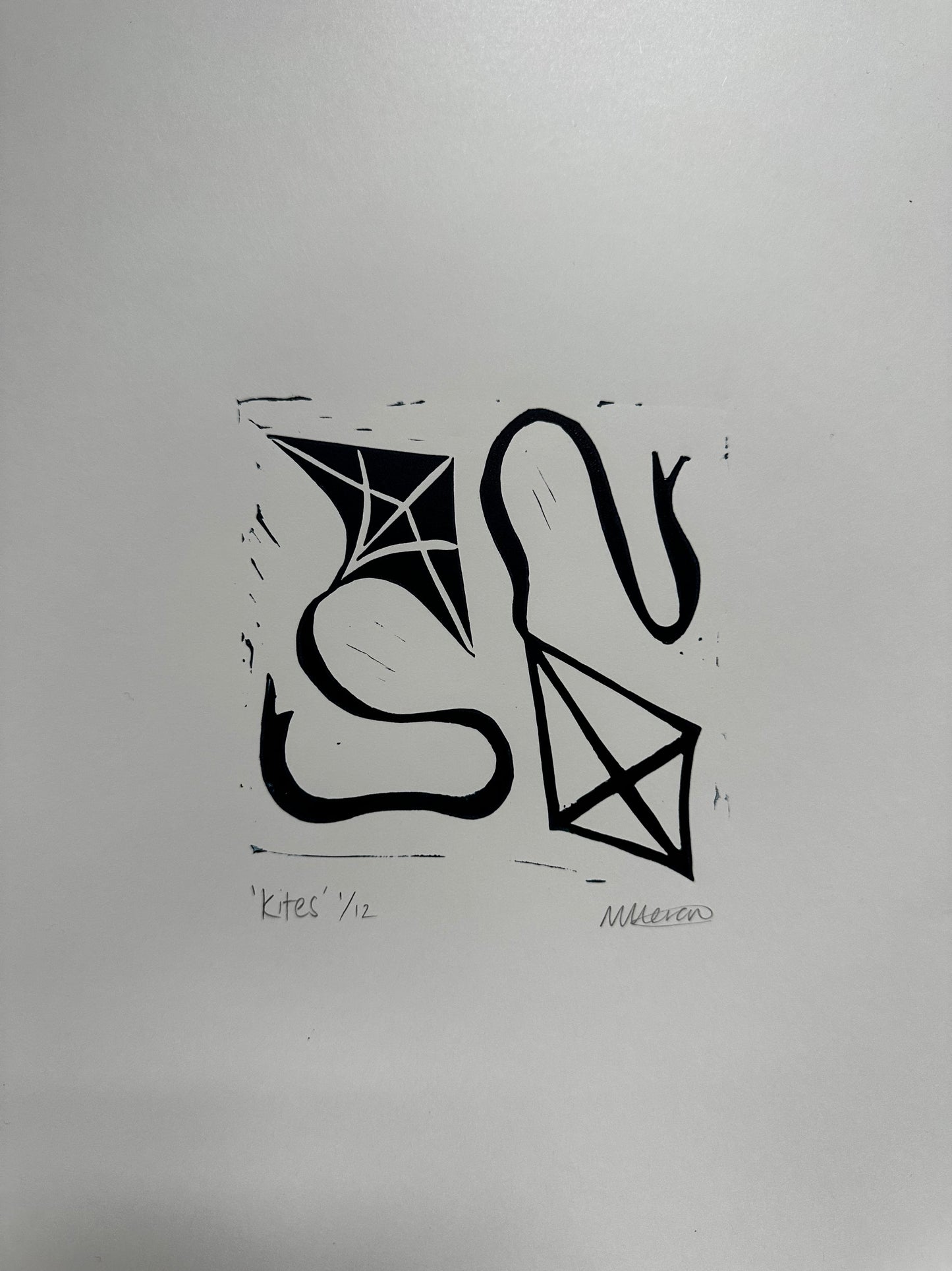 Black and White Kites Original Lino Print