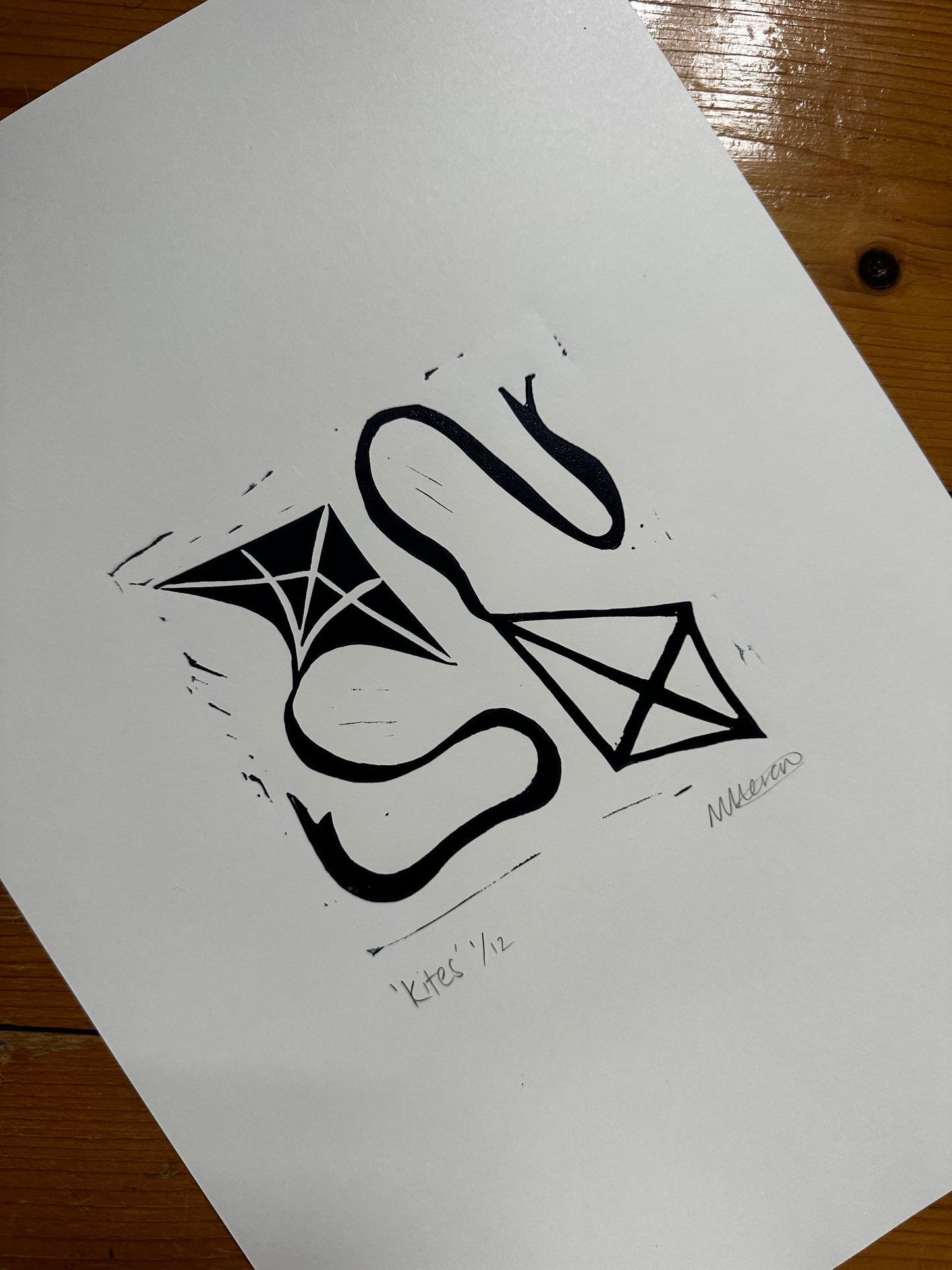 Black and White Kites Original Lino Print