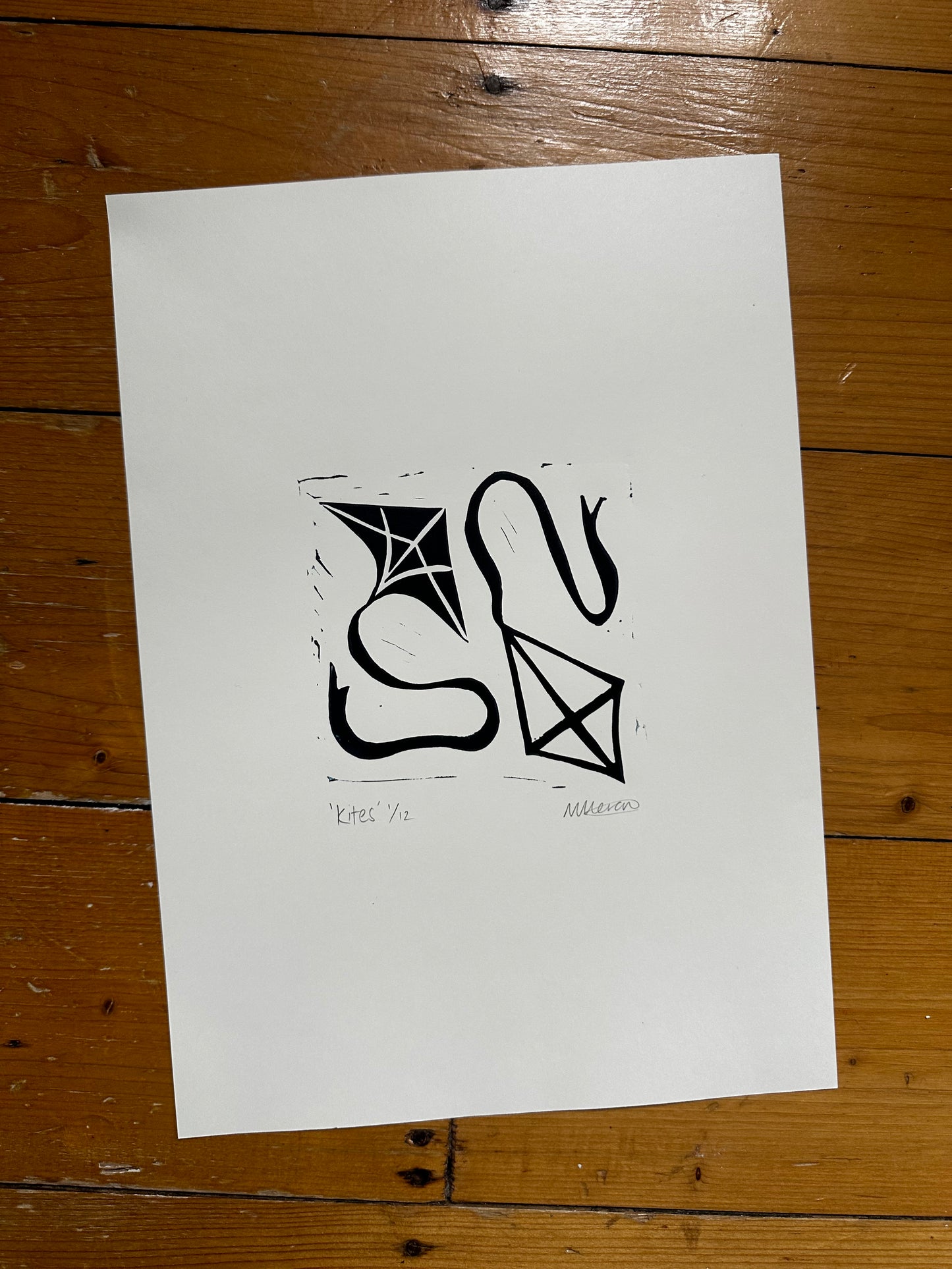 Black and White Kites Original Lino Print