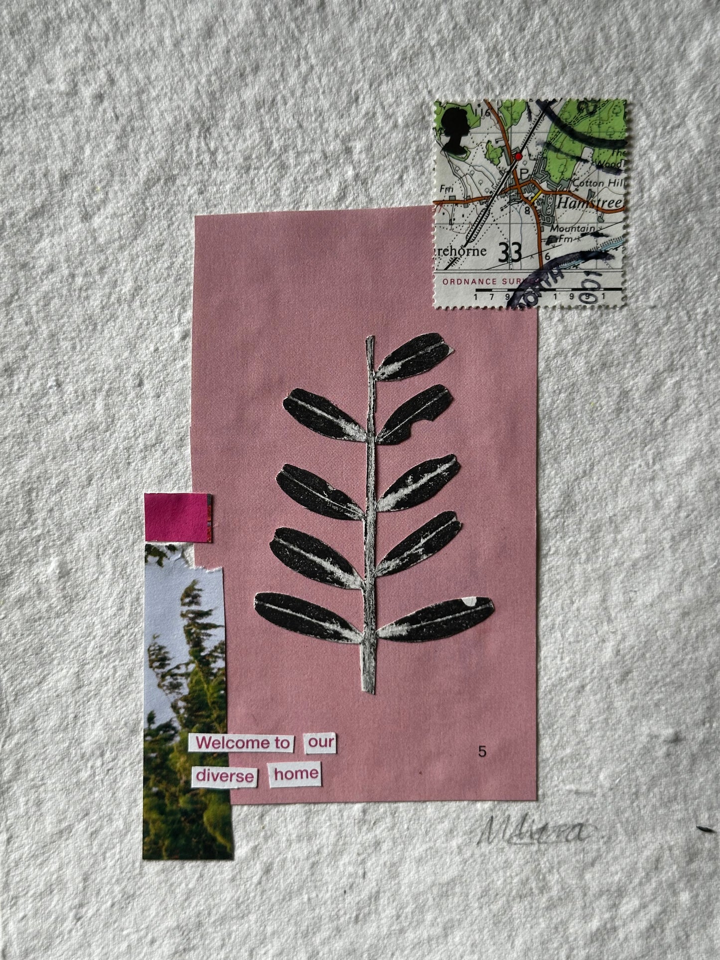 Collage with leaves, a tree stamp, and text on a textured gray background