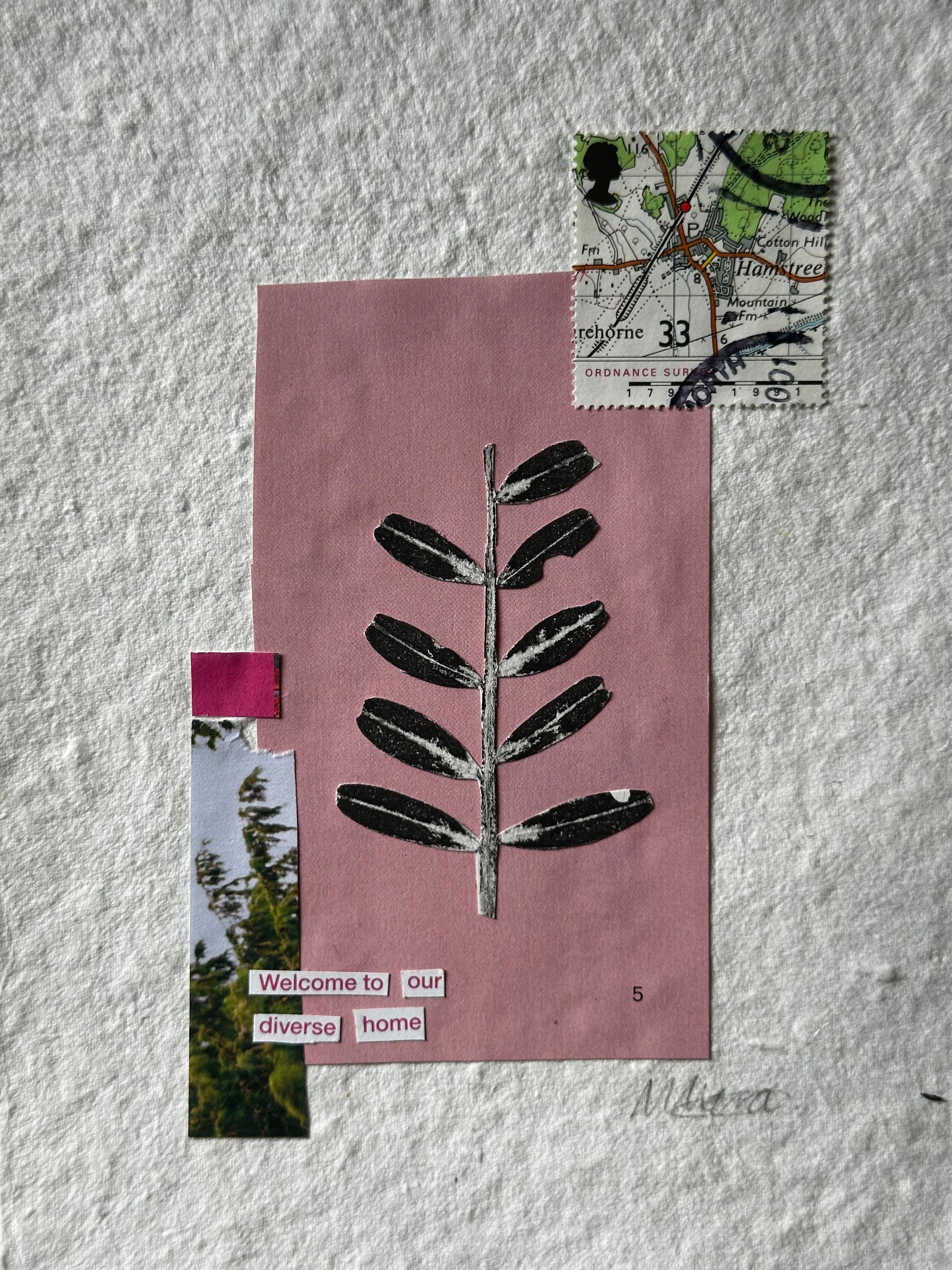 Collage with leaves, a tree stamp, and text on a textured gray background