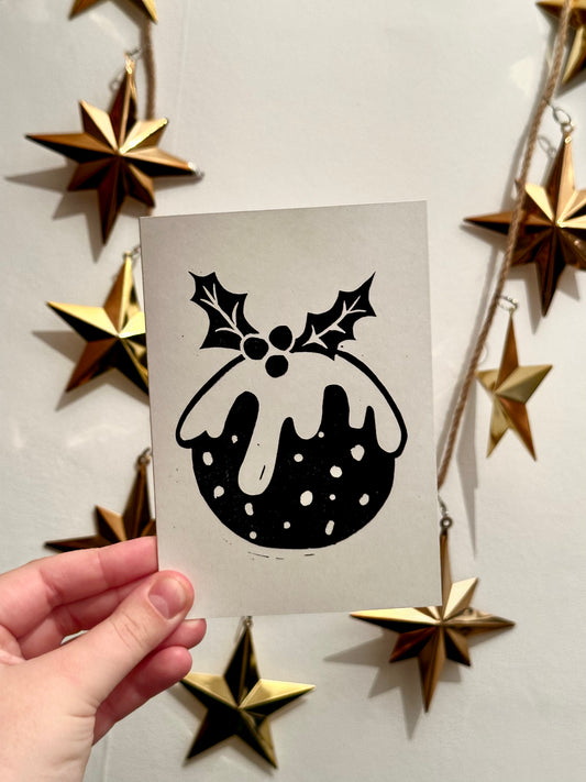 Christmas Pudding Lino Christmas Card