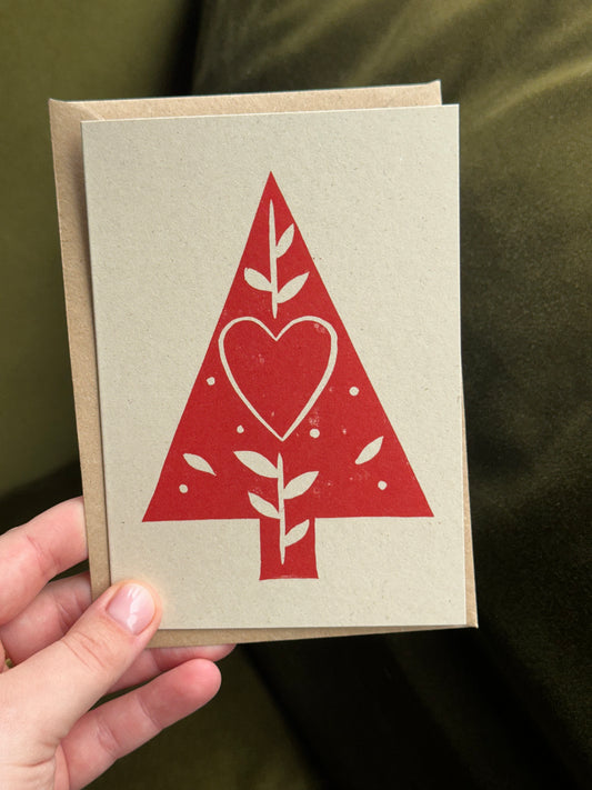 Red Tree Lino Christmas Card